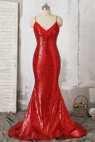 elegant beaded lace v neck red sequin mermaid prom dress