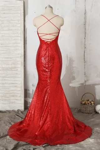 spaghetti strap low neck red sequin long mermaid prom dress