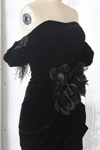 black off the shoulder feather sleeve 3D flower velvet prom dress