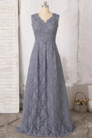 grey lace scalloped v neck vintage long bridesmaid dress