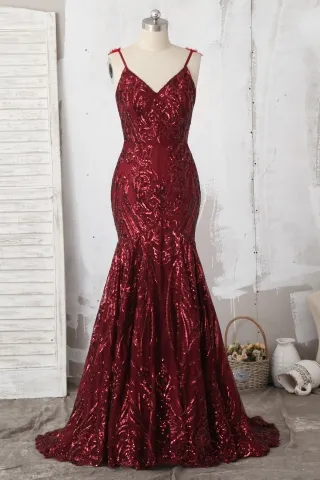 flower embellished burgundy sequin mermaid prom dress