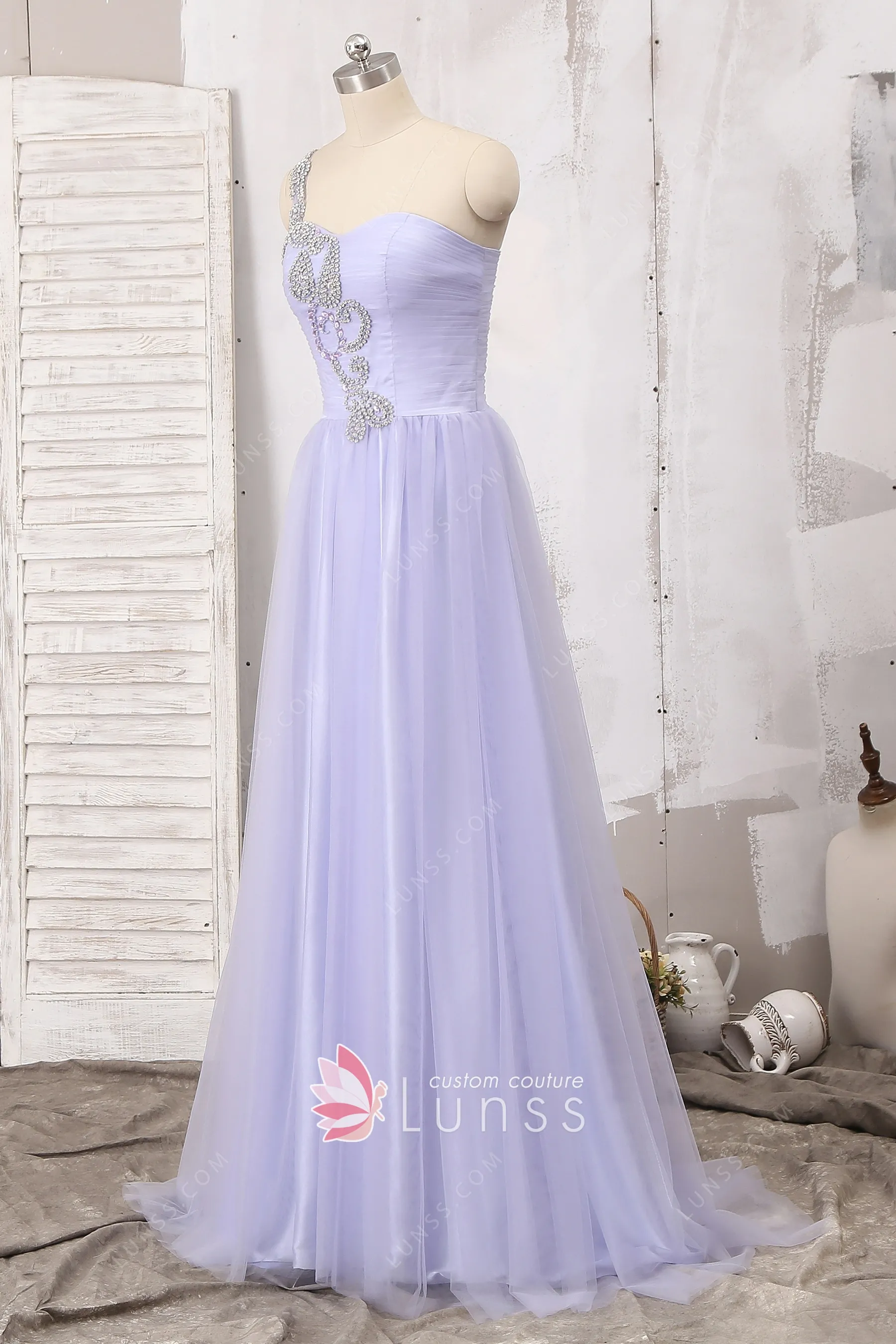 Beaded One Strap Shoulder Lavender Tulle Prom Dress Lunss