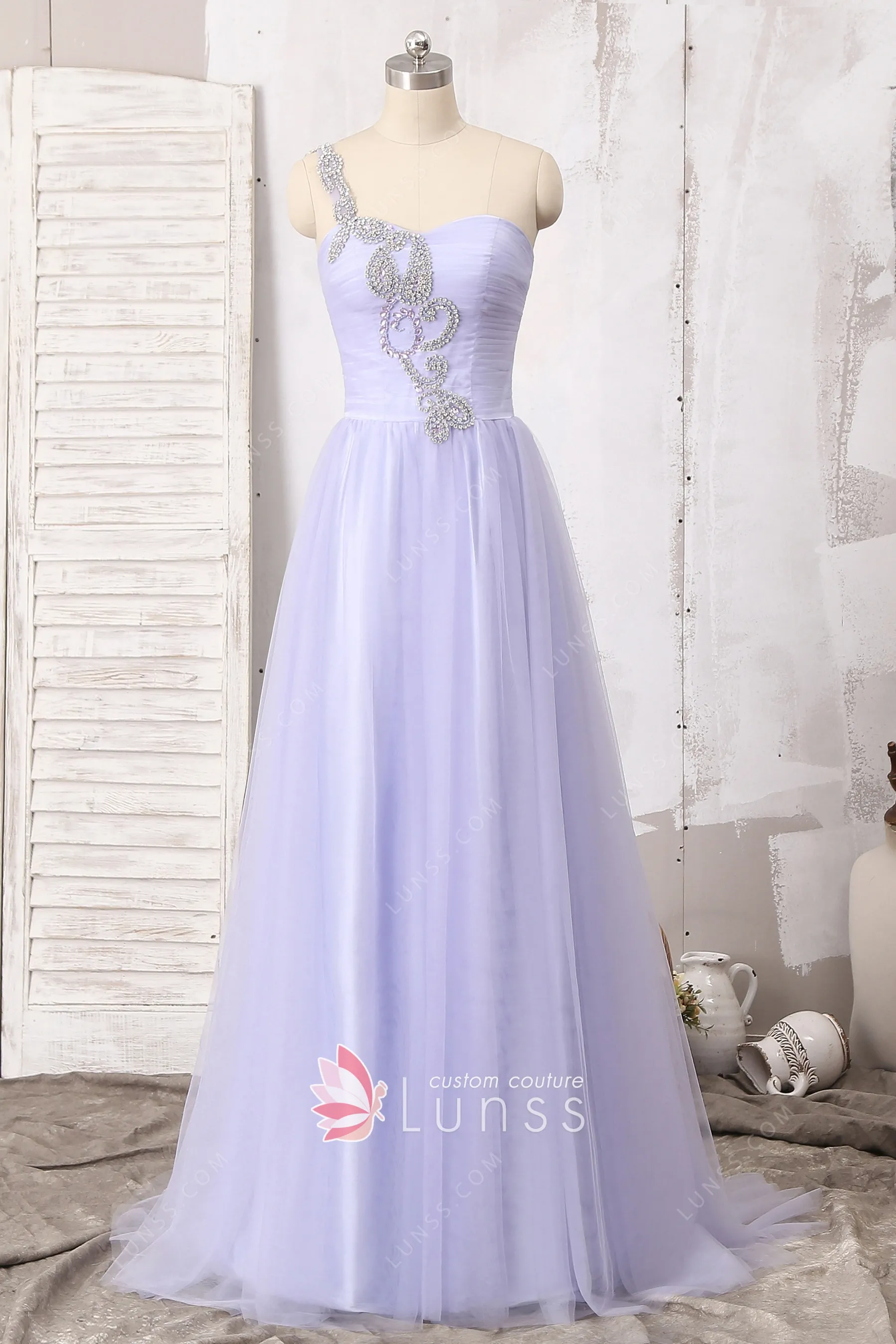 lavender tulle prom dress