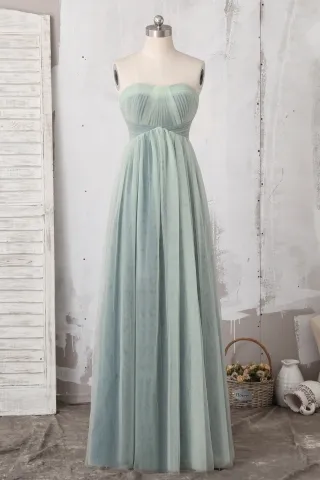 sage tulle overlay strapless empire waist bridesmaid gown