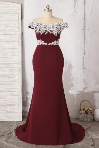 white lace off the shoulder mahogany bridesmaid dress