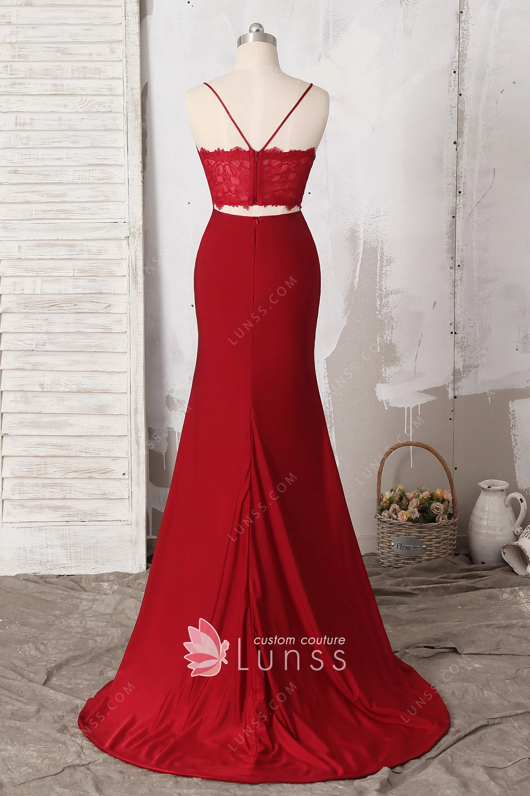 Spandex Jewel Red Half Sleeves Mermaid Evening Dress