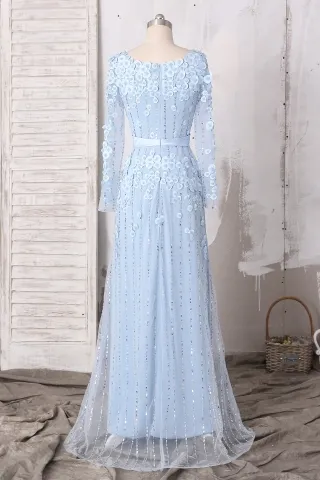 beaded petals ice blue long sleeve long formal dress