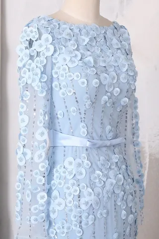 boat neckline long sleeve beaded ice blue dress