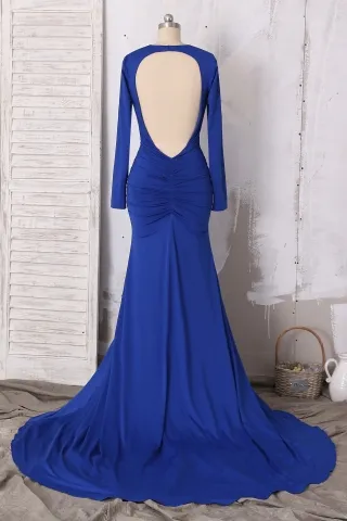 open back royal blue long sleeve mermaid jersey prom dress