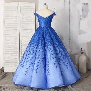 ombre royal blue leaf lace off the shoulder floor length ball gown