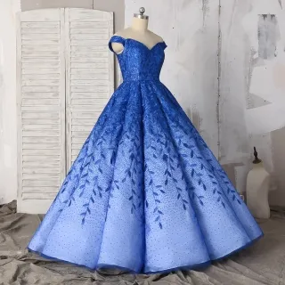 ombre royal blue off shoulder ball gown