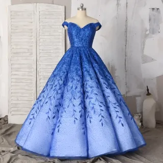 ombre royal blue off the shoulder ball gown prom dress