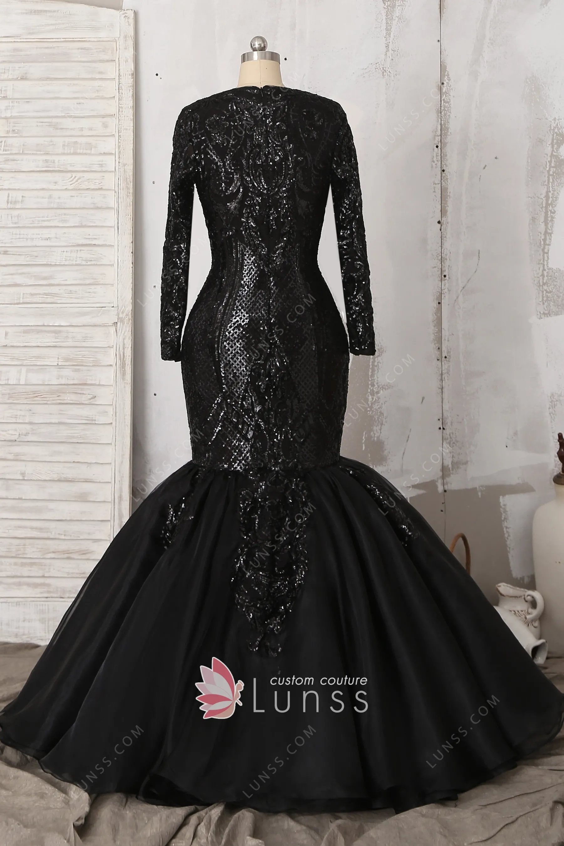 Plus Size Black Sequin Long Sleeve Prom Dress with Overskirt main image 1