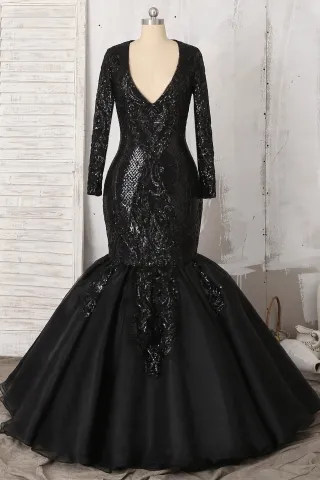 sparkly black sequin sleeved v neck plus size prom dress