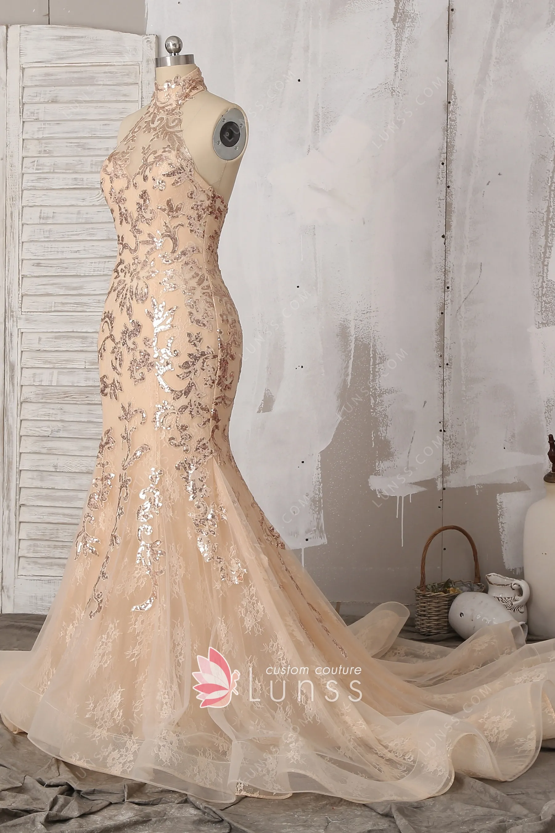 Sparkly Champagne Gold Sequin Lace Mermaid Prom Dress Lunss