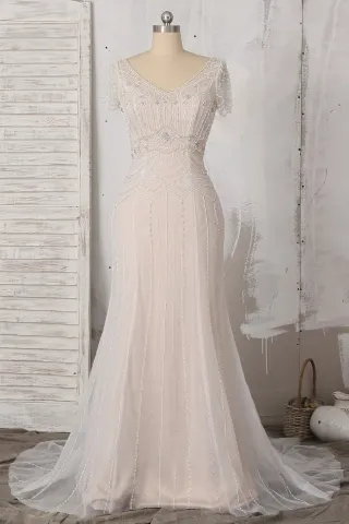 luxury beading overlay champagne mermaid formal dress