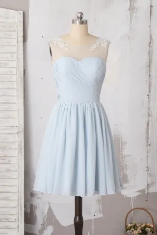 light blue chiffon lace cap sleeve short bridesmaid dress