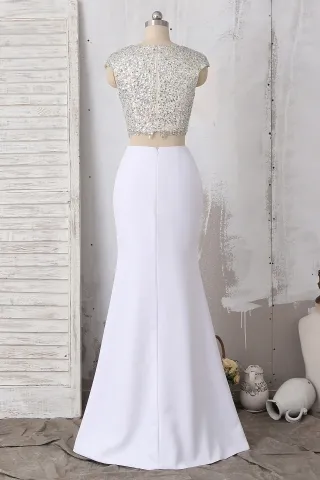 cap sleeve crystals top white jersey two piece prom dress