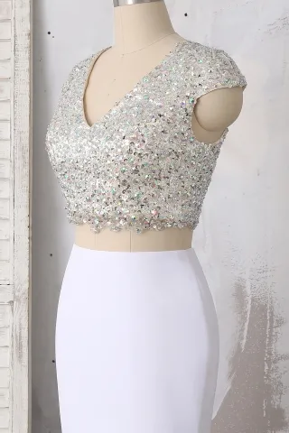 crystals beading V neck top with cap sleeve dress
