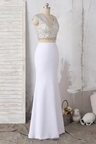 crystals cap sleeve two piece prom dress