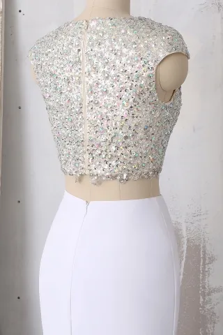 crystals cap sleeve with white jersey two piece dress