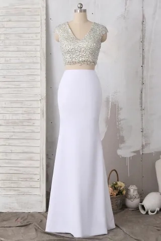 sparkly crystals cap sleeve two piece mermaid prom dress