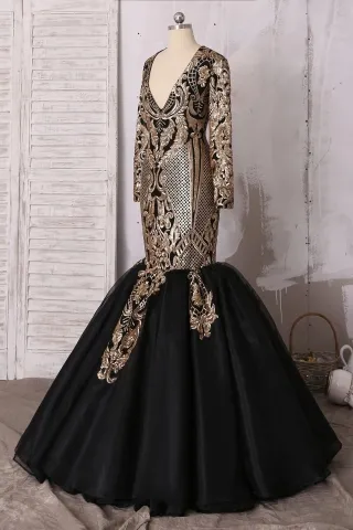 gold sequin black organza prom dress