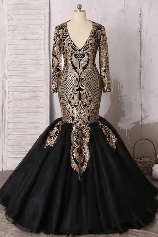 unique gold sequin black organza trumpet prom dress