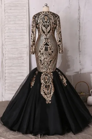 unique gold sequin on black base long sleeve trumpet prom dress