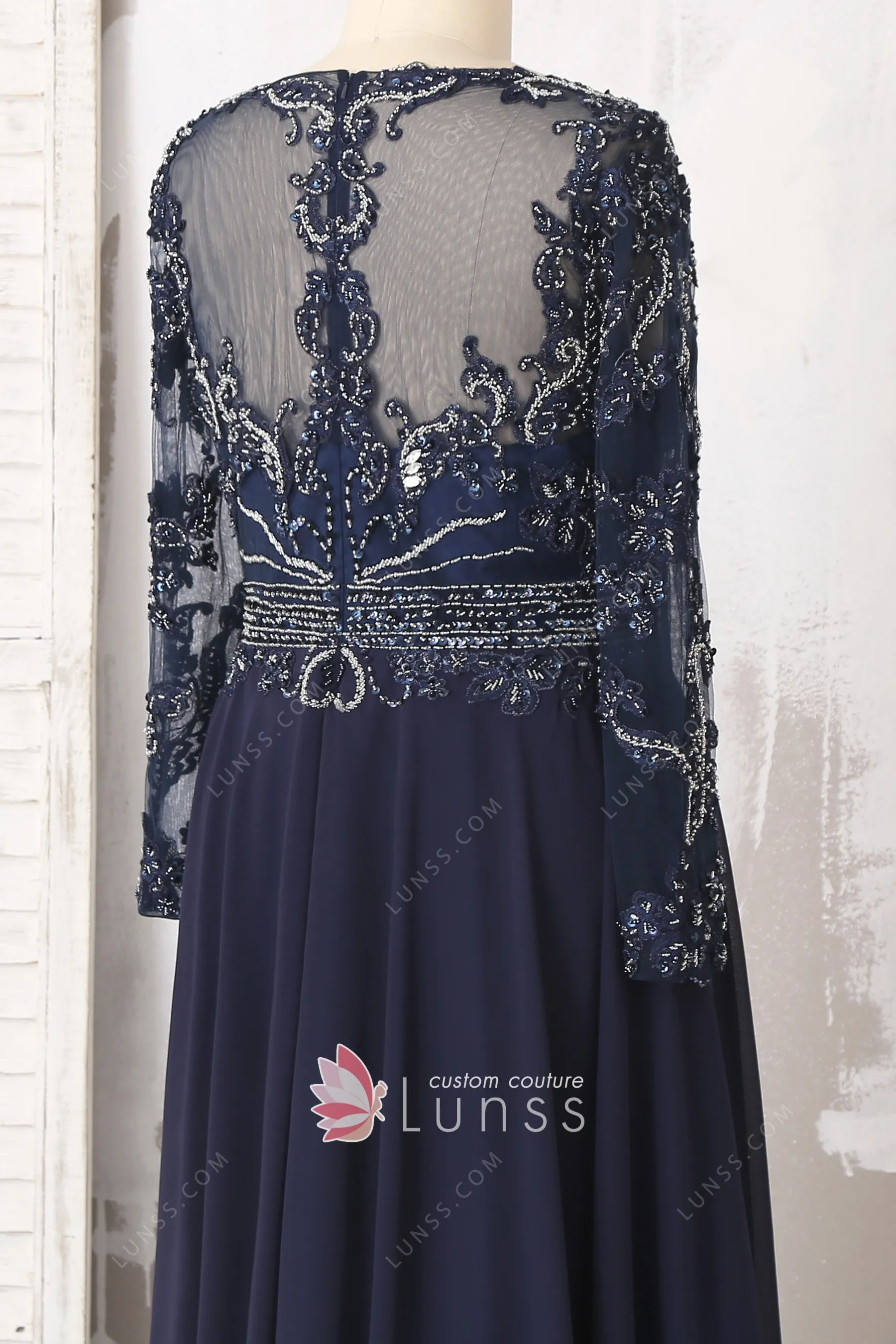 illusion back beaded lace chiffon custom prom gown illusion back beaded lace chiffon custom prom gown