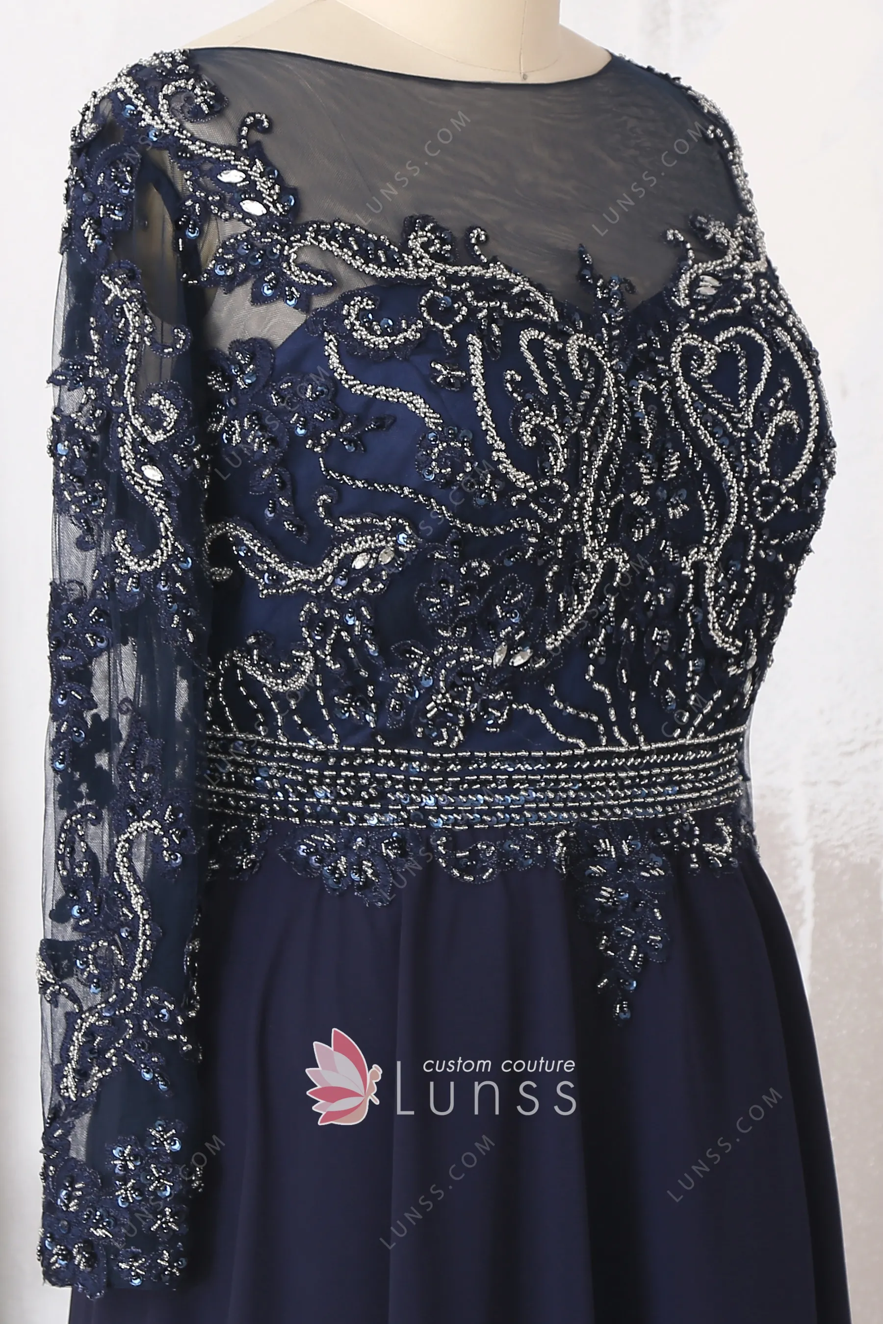 illusion bateau neck long sleeve beaded navy plus size prom gown illusion bateau neck long sleeve beaded navy plus size prom gown