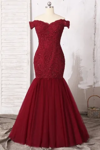 burgundy lace off the shoulder elegant trumpet prom dress