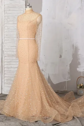 illusion glitter gold mermaid prom gown