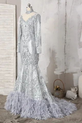 silver sequin feather mermaid prom dress