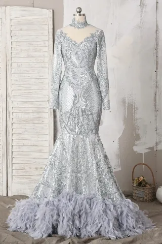 sparkly silver sequin feather train mermaid prom dress