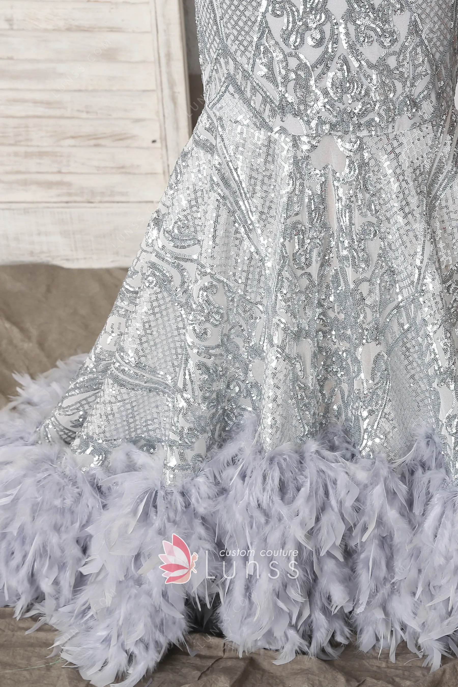 Gray Lace Sheer Glitter White Feather Train Prom Dress - Lunss