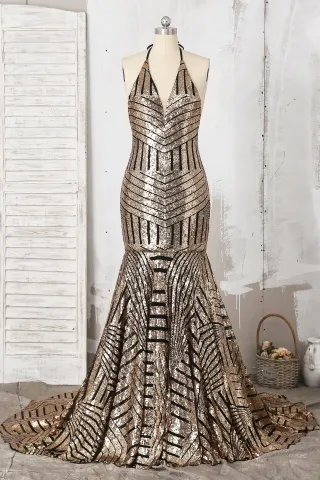 black base gold sequin halter backless mermaid prom dress