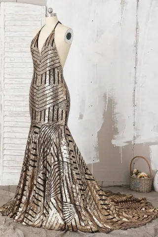 black base gold sequin prom dress