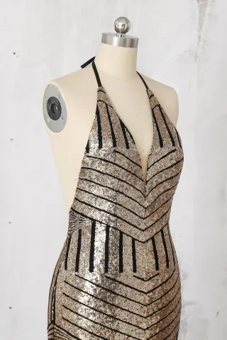 gold patterned sequin with black mesh base halter V neck prom dress