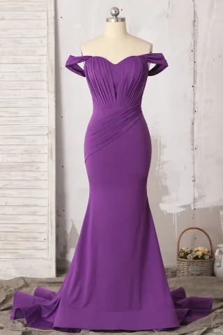pleated purple spandex off the shoulder mermaid dress