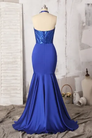 custom made royal blue halter sequin and satin trumpet prom dress