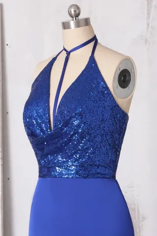 elegant neck neck royal blue sequin and satin prom dress