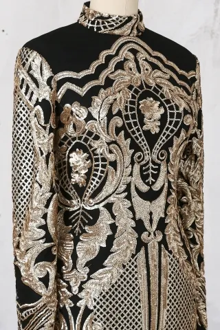 embroidery gold sequin black base high neck prom dress