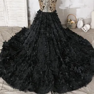 gold sequin prom dress with black 3d leaf long train