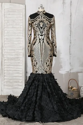 gold sequin with black base 3d leaf trumpet prom dress