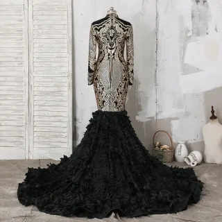 gold unique sequin black 3d leaf African American prom dress