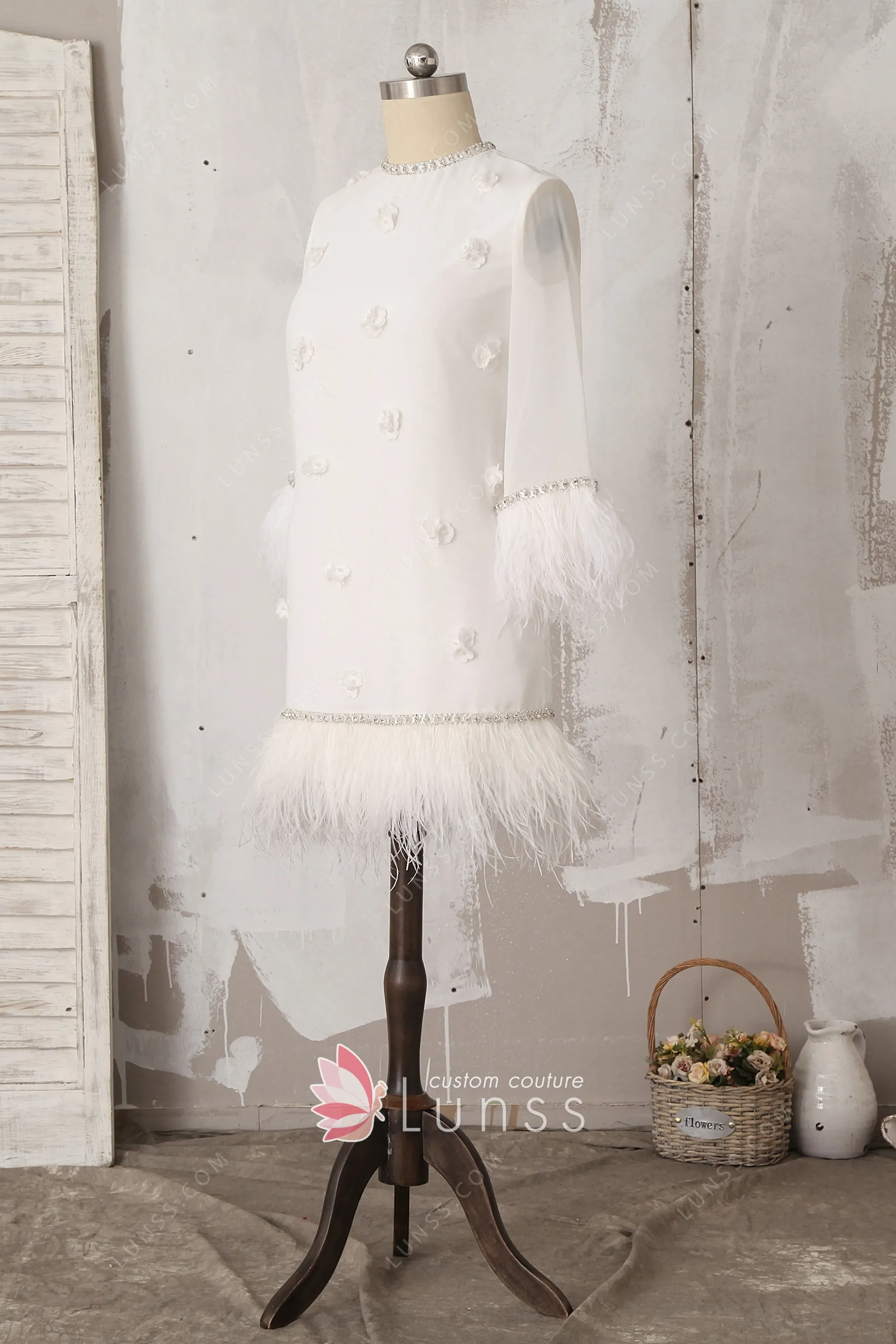 Bead & Feather Ivory 3D Flower Short Bridal Shower Dress Lunss