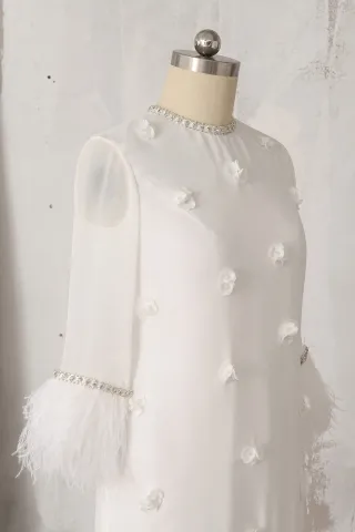 ivory 3d flower feather sleeve chiffon bridal shower dress