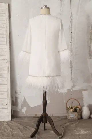 ivory 3d flower feather sleeve short chiffon dress