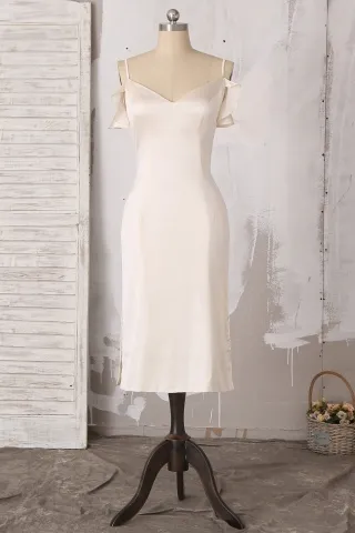 champagne silk ruffled cold shoulder slit evening dress